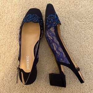 J Reneé Navy Satin and Lace Sling-backs (Faleec-Sanvy Style) 1” Heel Size 7.5 M